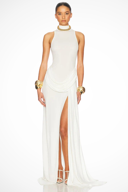 Women High Neck Sleeveless Wedding-Guest Maxi Dress with Side Split – Modern Everyday Look – Black – L