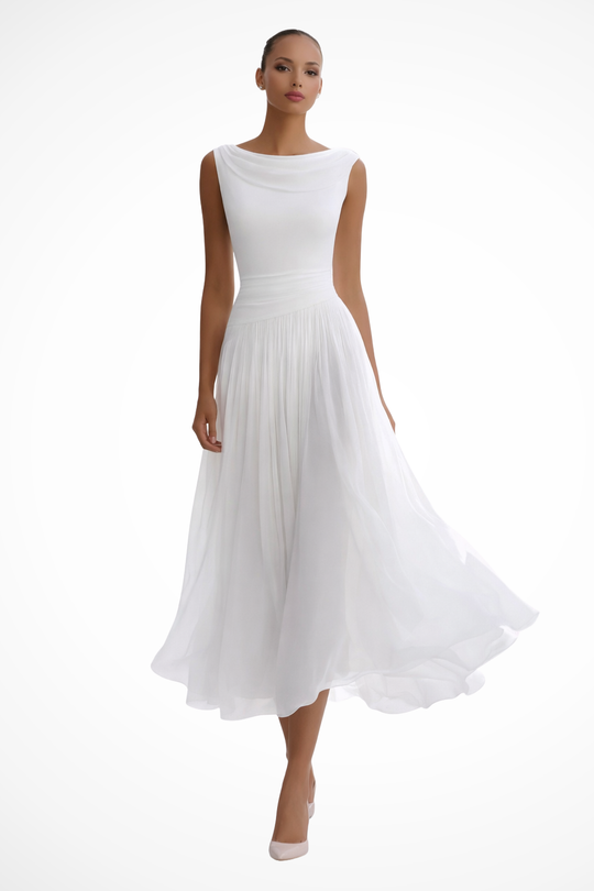 Women Draped Pleated Wedding-Guest Midi Dress – Modern Everyday Look – White – XS
