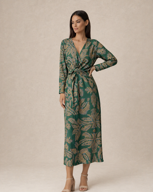 Aria | Women Wedding-Guest Tie Waist Maxi Dress with Long-Sleeves