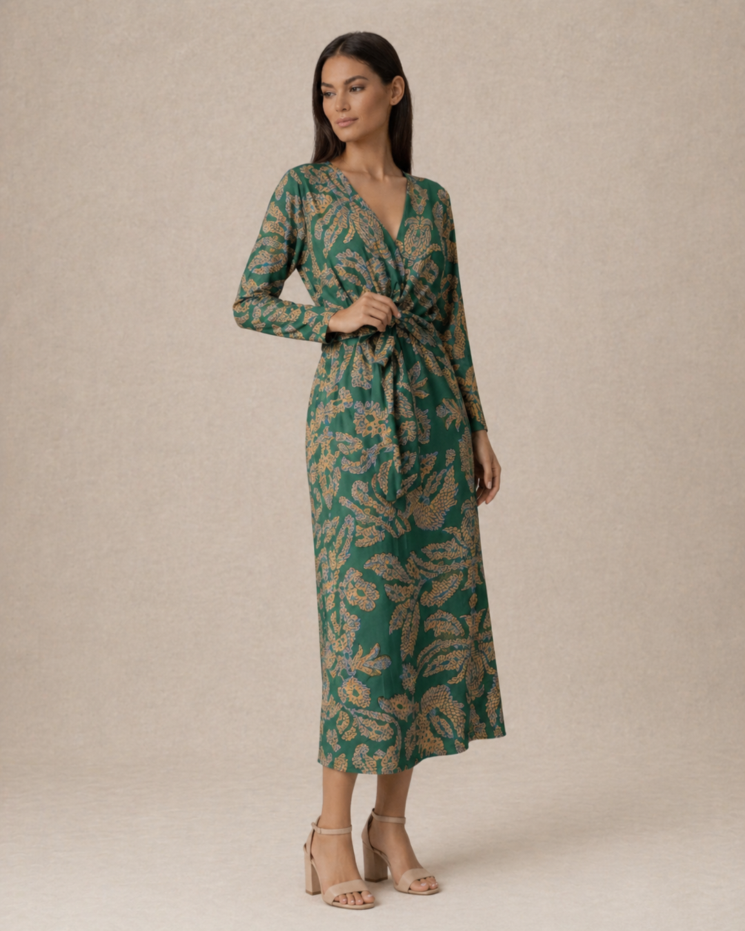 Aria | Women Wedding-Guest Tie Waist Maxi Dress with Long-Sleeves