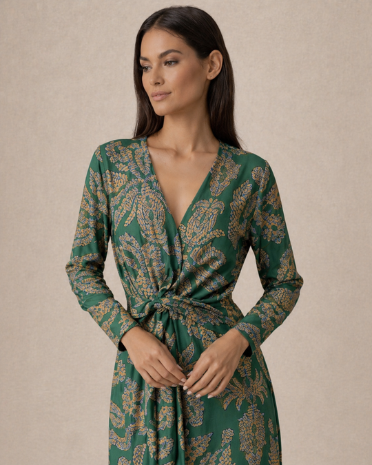 Aria | Women Wedding-Guest Tie Waist Maxi Dress with Long-Sleeves