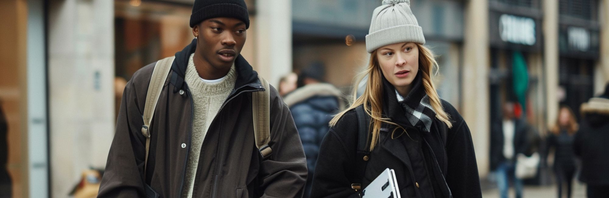 Two people walking on a city street, one wearing a black jacket and the other in a black coat with a white beanie.