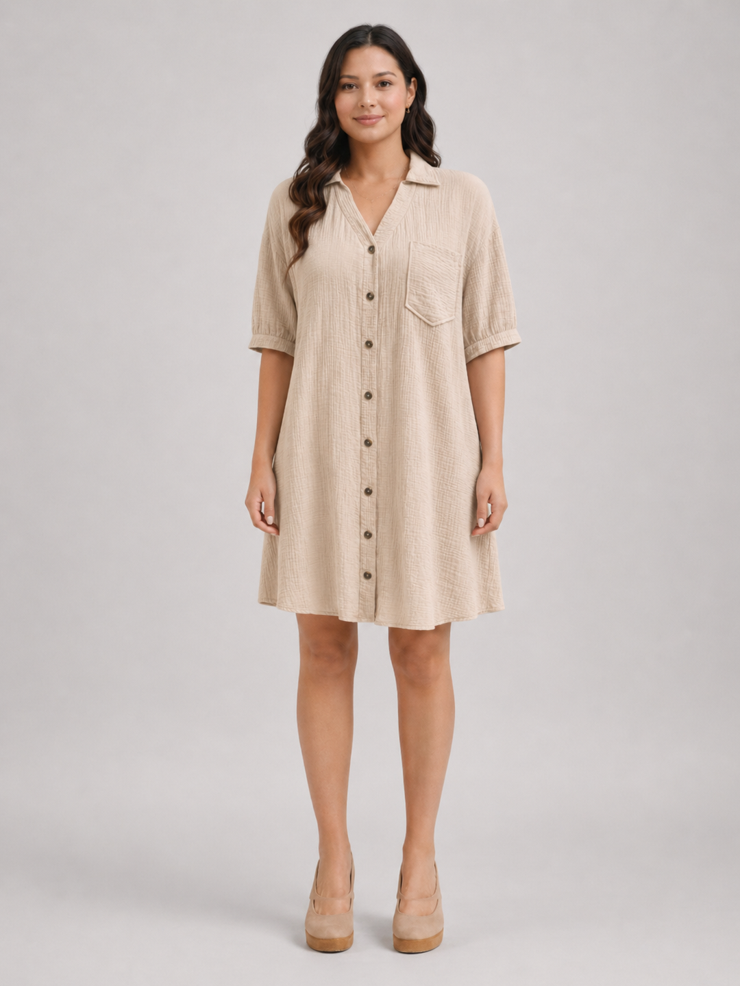 Rosalind | Women Short-Sleeve Button Up Shirt Midi Dress