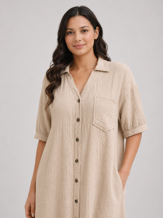 Rosalind | Women Short-Sleeve Button Up Shirt Midi Dress