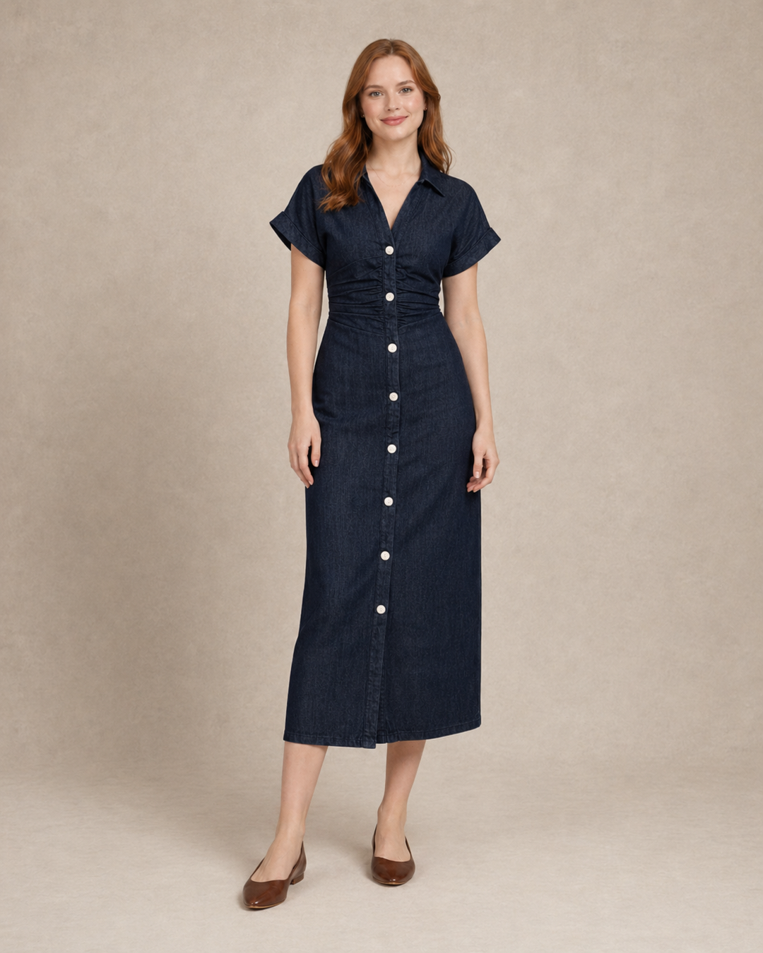 Juniper | Women Button Front Denim Maxi Dress with Lapel Collar