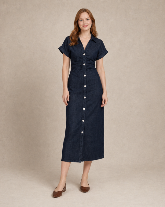 Juniper | Women Button Front Denim Maxi Dress with Lapel Collar