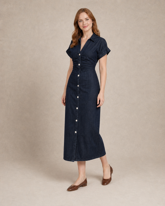 Juniper | Women Button Front Denim Maxi Dress with Lapel Collar