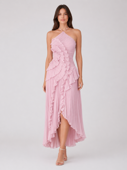 Imogen | Women Sleeveless Halter Backless Ruffled Maxi Summer Wedding-Guest Dress