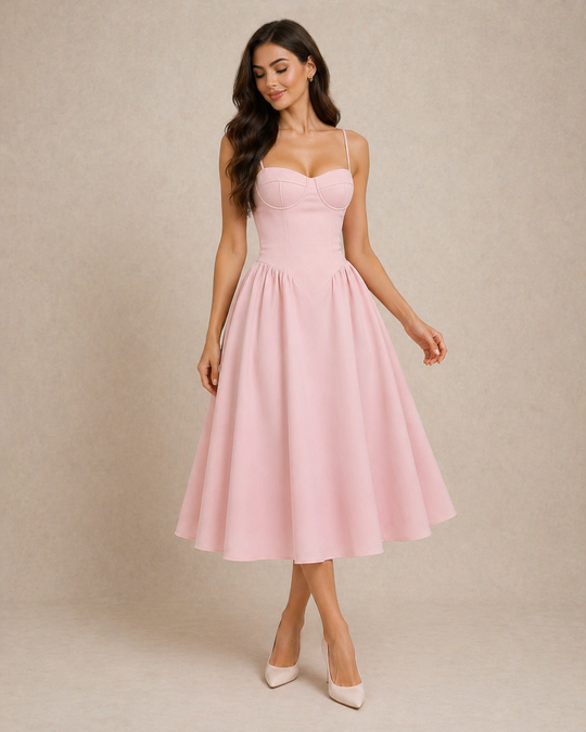 Seren | Women Corset Bodice a Line Elegant Midi Wedding-Guests Dress