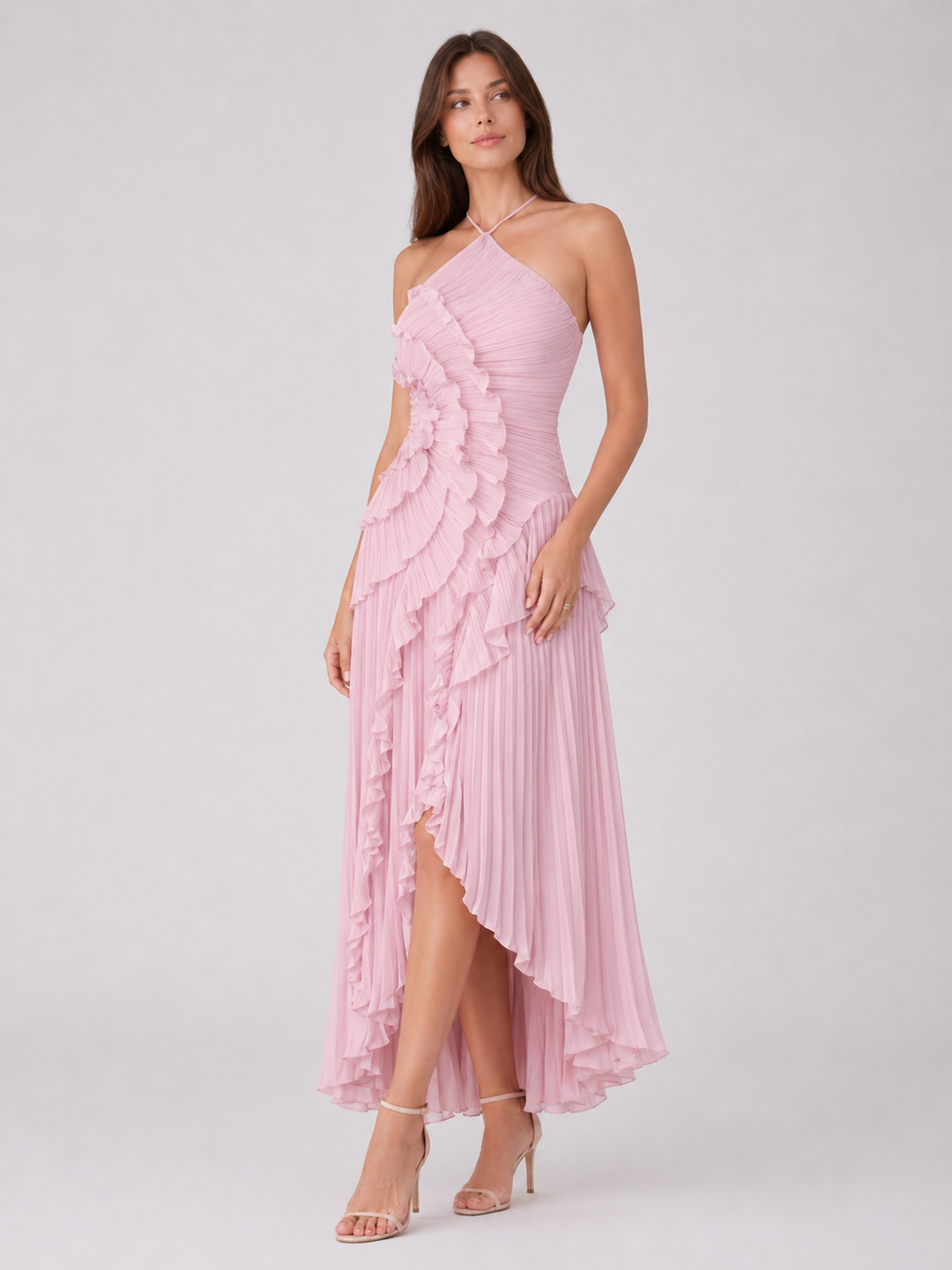 Imogen | Women Sleeveless Halter Backless Ruffled Maxi Summer Wedding-Guest Dress