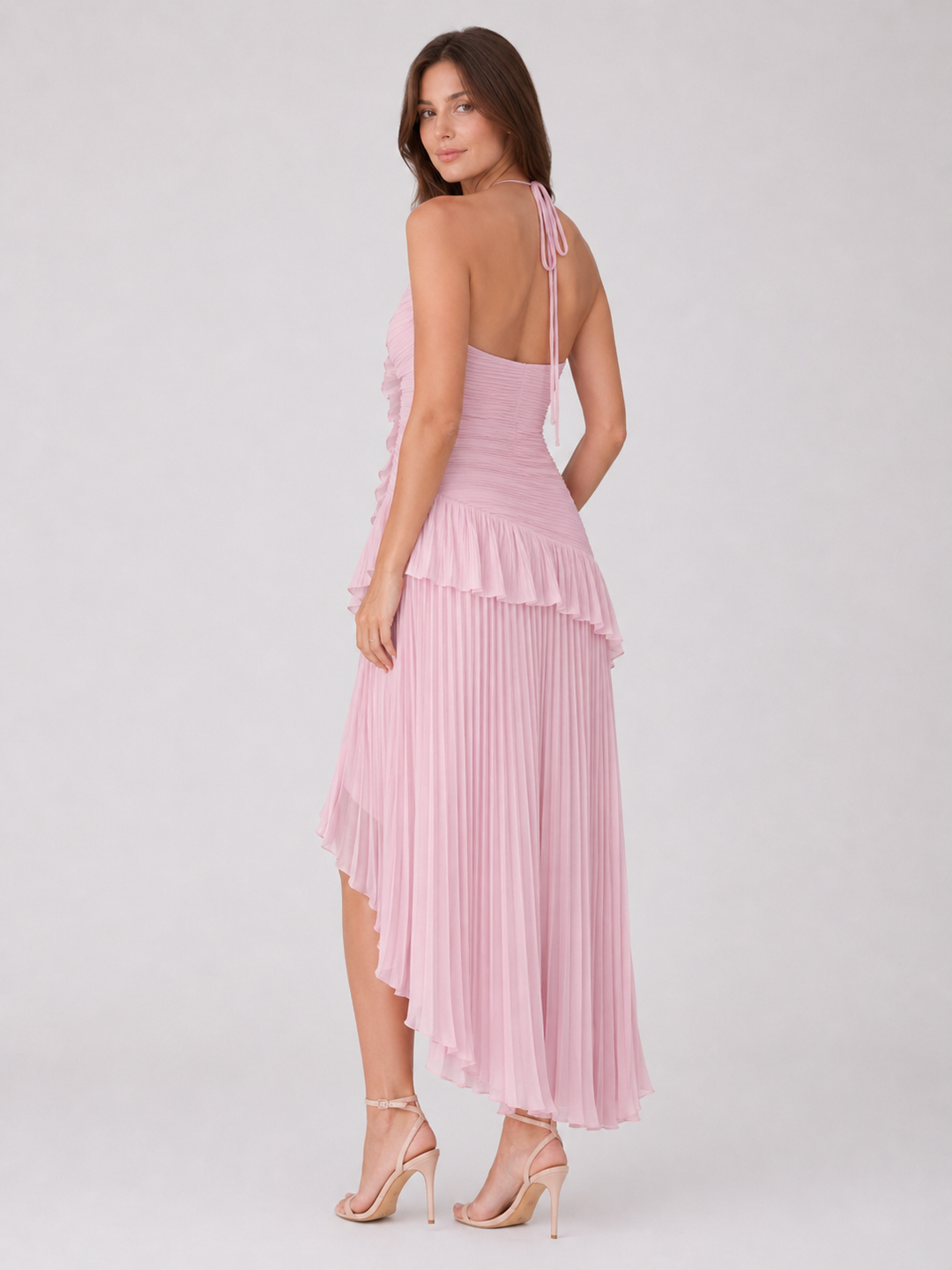 Imogen | Women Sleeveless Halter Backless Ruffled Maxi Summer Wedding-Guest Dress