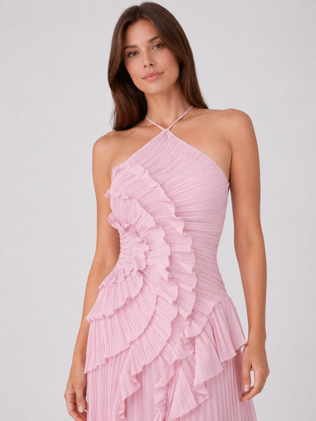 Imogen | Women Sleeveless Halter Backless Ruffled Maxi Summer Wedding-Guest Dress