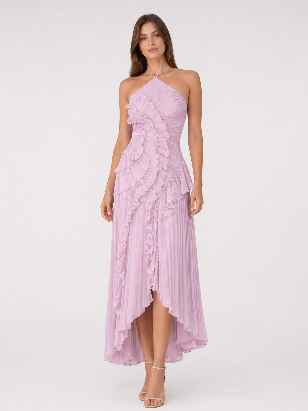 Imogen | Women Sleeveless Halter Backless Ruffled Maxi Summer Wedding-Guest Dress