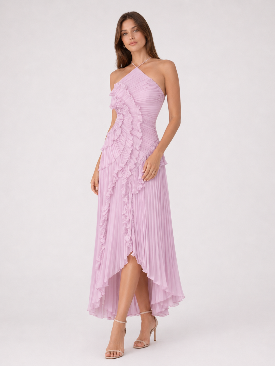 Imogen | Women Sleeveless Halter Backless Ruffled Maxi Summer Wedding-Guest Dress