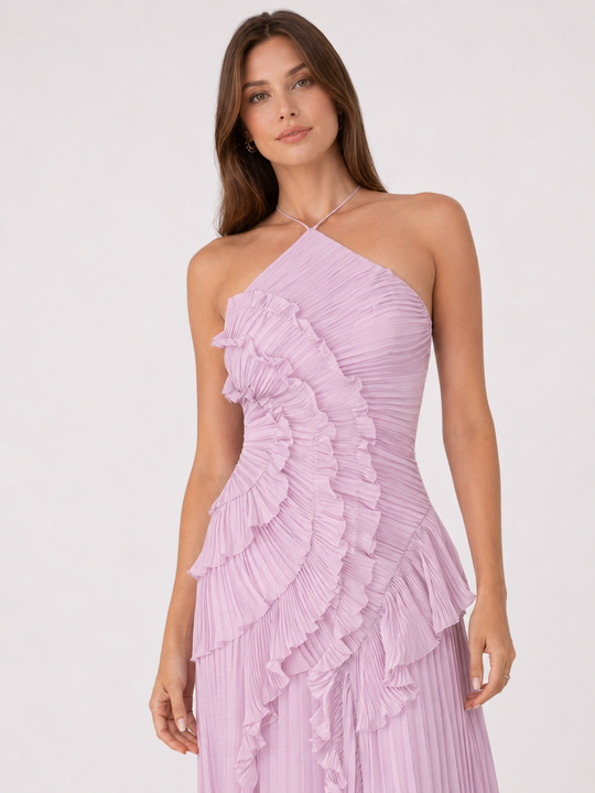 Imogen | Women Sleeveless Halter Backless Ruffled Maxi Summer Wedding-Guest Dress