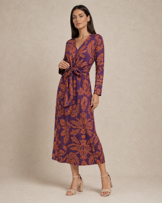 Aria | Women Wedding-Guest Tie Waist Maxi Dress with Long-Sleeves