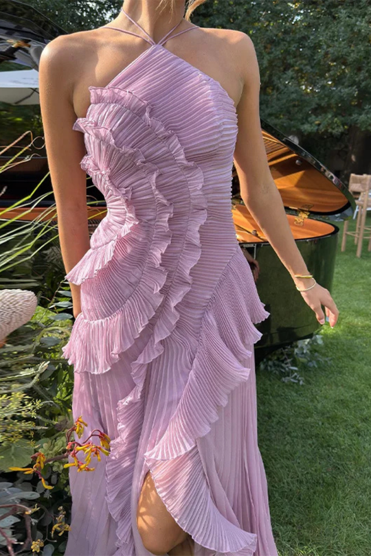 Imogen | Women Sleeveless Halter Backless Ruffled Maxi Summer Wedding-Guest Dress