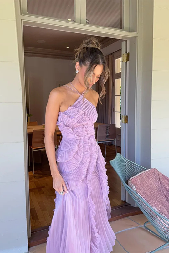 Imogen | Women Sleeveless Halter Backless Ruffled Maxi Summer Wedding-Guest Dress