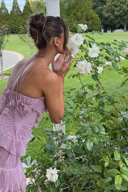 Imogen | Women Sleeveless Halter Backless Ruffled Maxi Summer Wedding-Guest Dress
