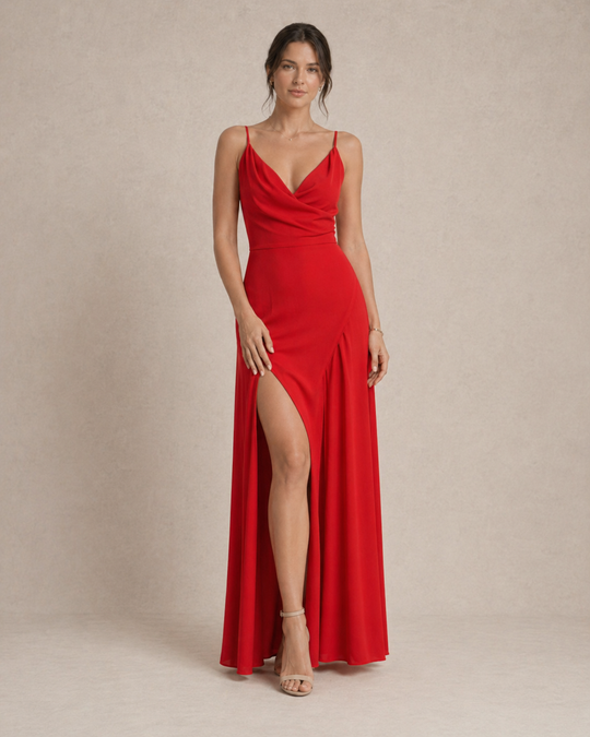 Selvara | Women Wedding-Guest Slit Maxi Dress with Draped Bodic
