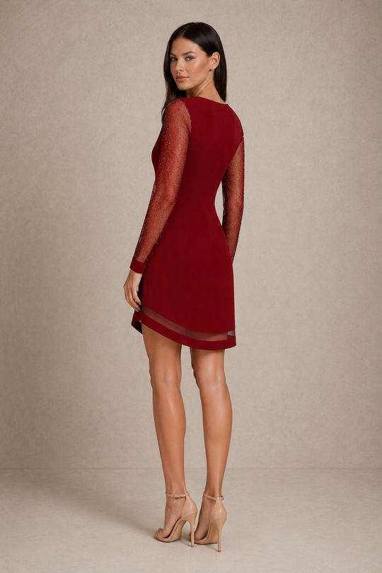 Aureline | Women Wedding-Guest V-Neck Midi Dress with Sheer Long-Sleeves