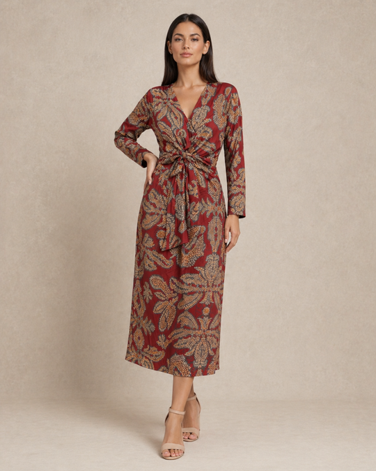 Aria | Women Wedding-Guest Tie Waist Maxi Dress with Long-Sleeves