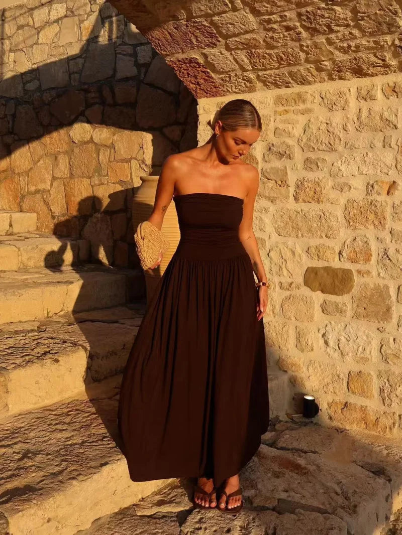 Women Strapless Pleated Maxi Summer Dress – Modern Everyday Look – Brown – L