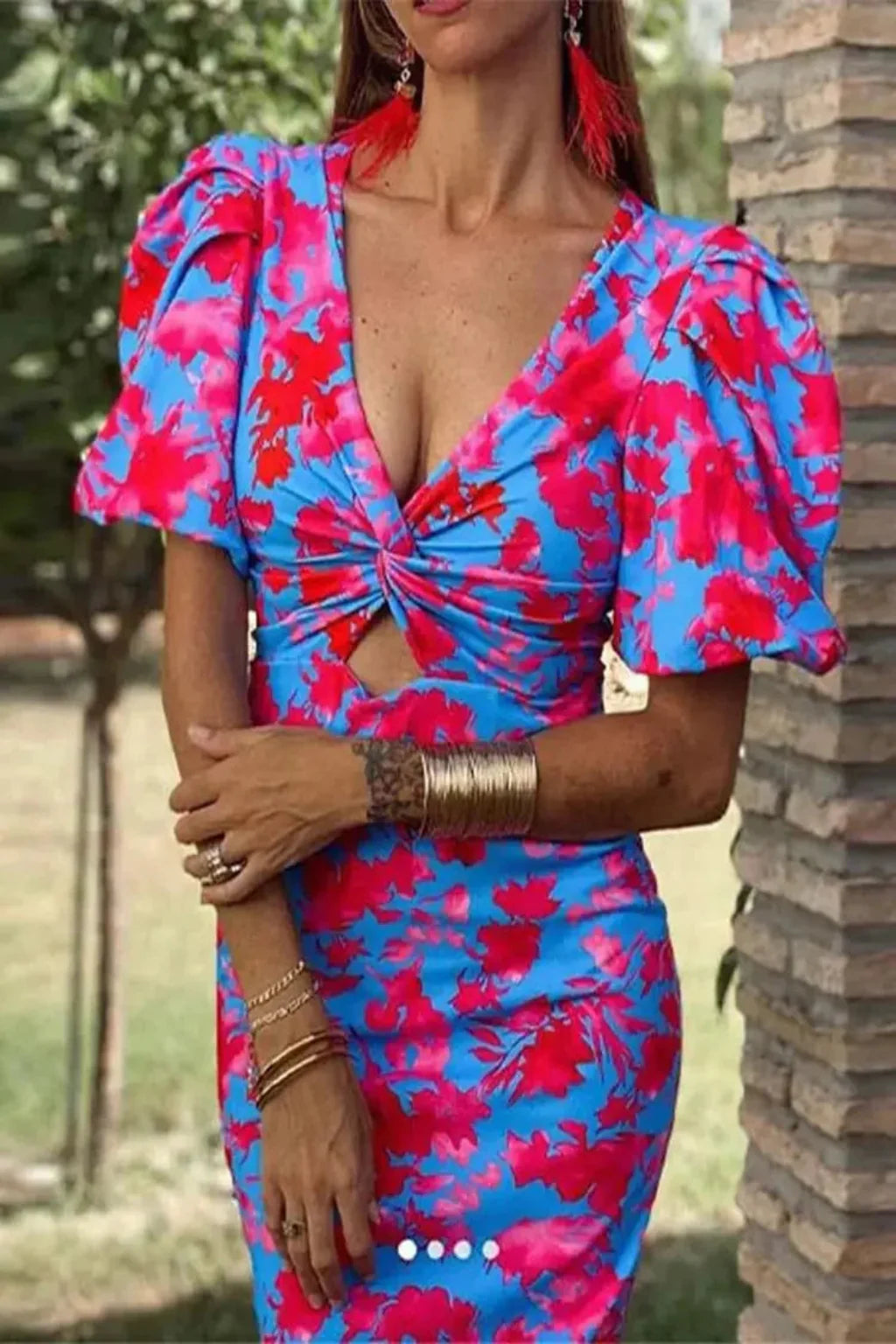 Women Printed Puff Sleeve Occasion Summer Midi Dress -test – Modern Everyday Look – Turquoise Blue – 2XL