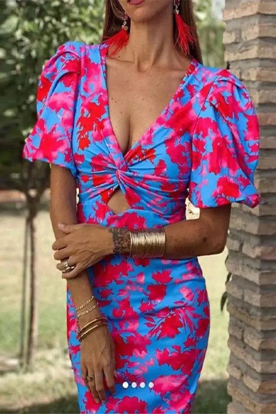 Women Printed Puff Sleeve Occasion Summer Midi Dress -test – Modern Everyday Look – Turquoise Blue – 2XL