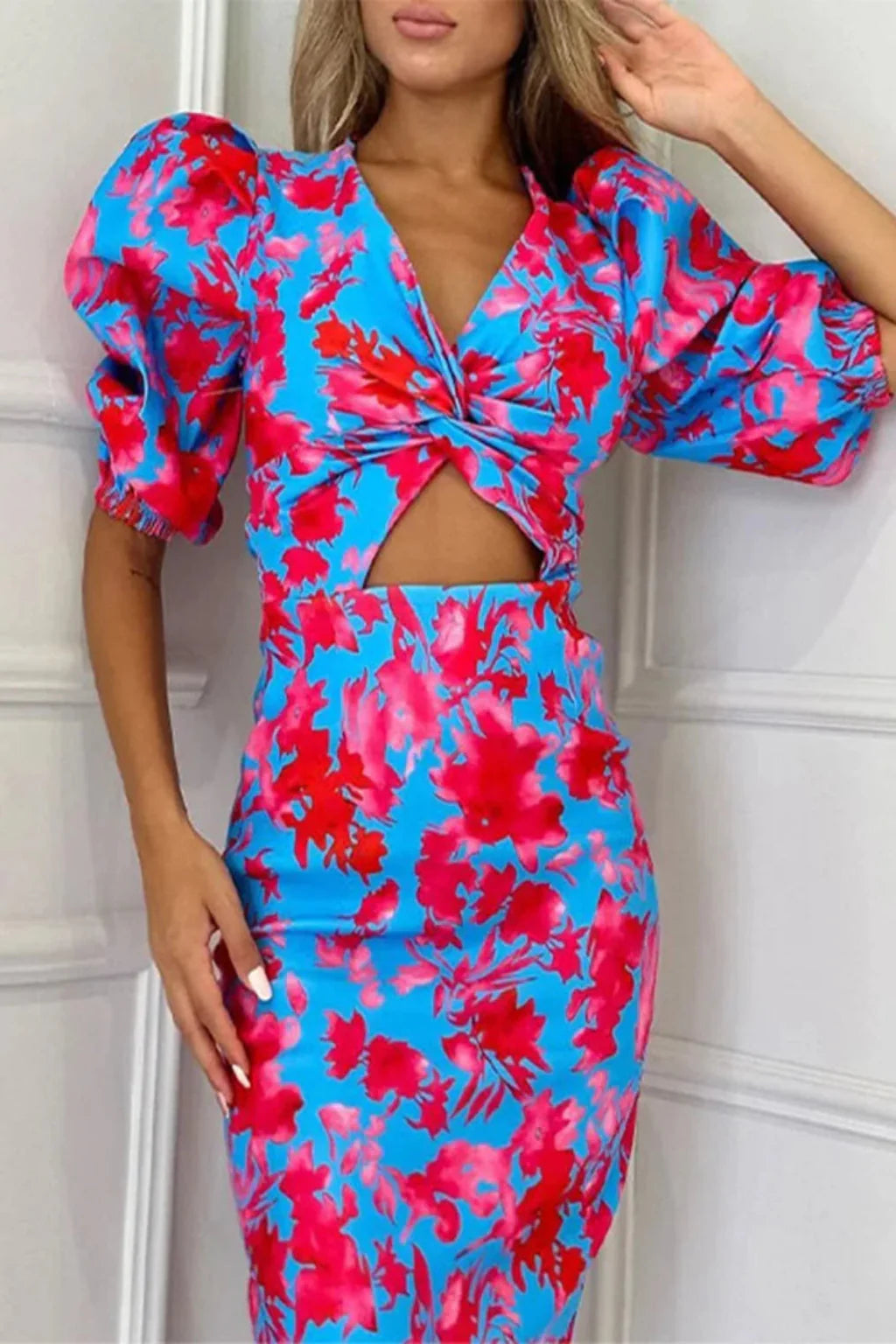Women Printed Puff Sleeve Occasion Summer Midi Dress -test – Modern Everyday Look – Turquoise Blue – M