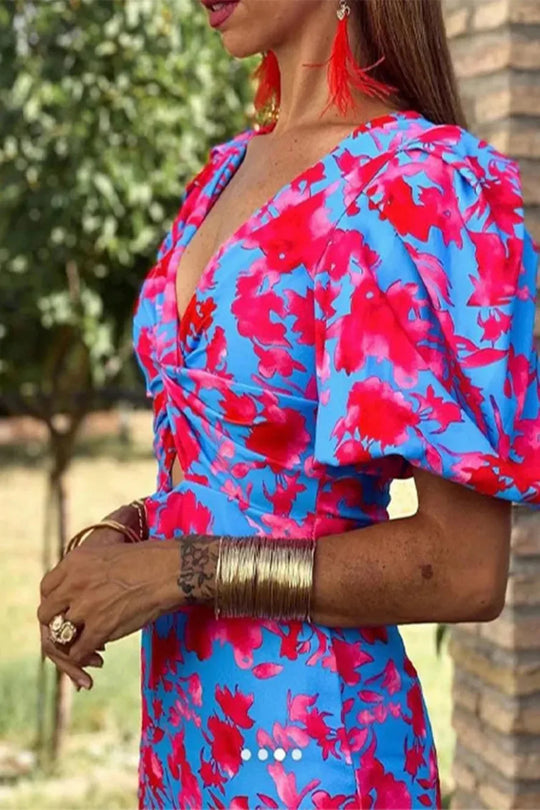 Women Printed Puff Sleeve Occasion Summer Midi Dress -test – Modern Everyday Look – Turquoise Blue – XL