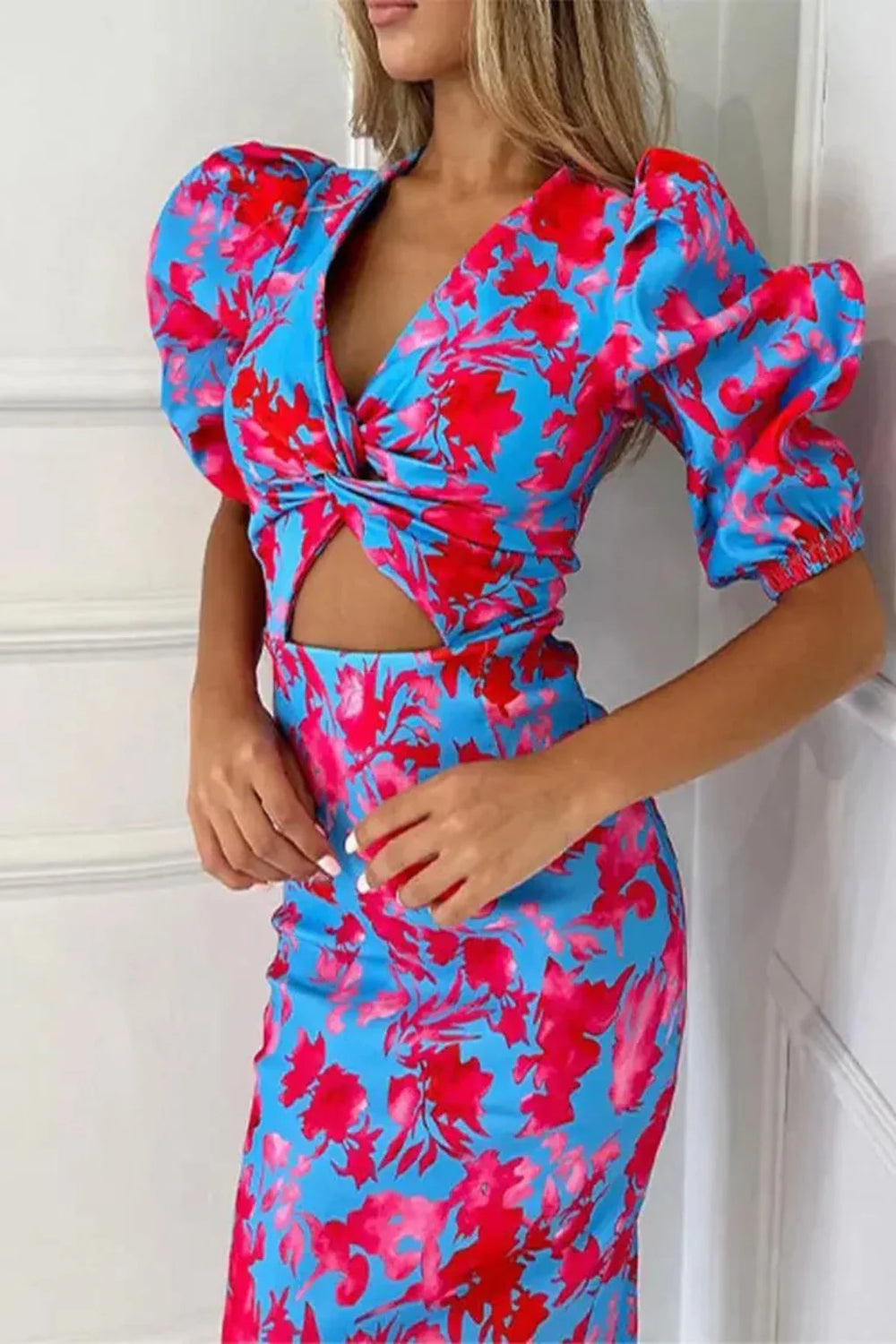 Women Printed Puff Sleeve Occasion Summer Midi Dress -test – Modern Everyday Look – Turquoise Blue – S