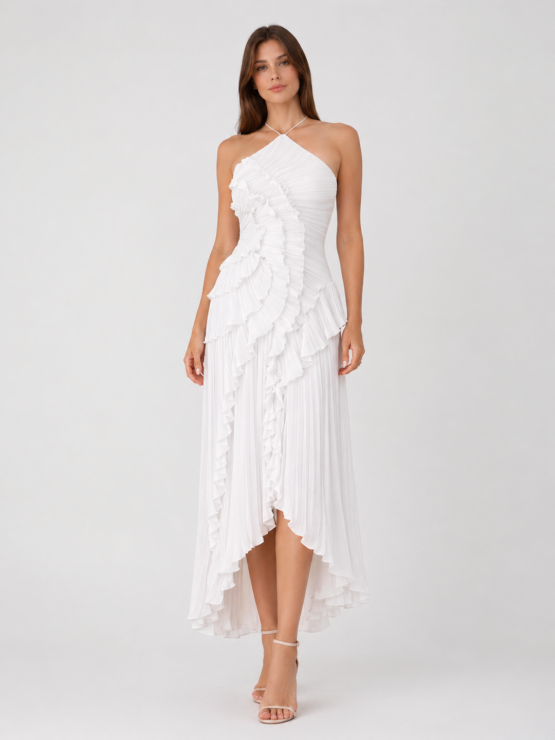 Imogen | Women Sleeveless Halter Backless Ruffled Maxi Summer Wedding-Guest Dress