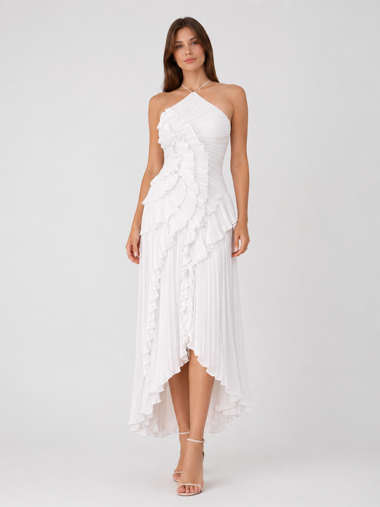 Imogen | Women Sleeveless Halter Backless Ruffled Maxi Summer Wedding-Guest Dress