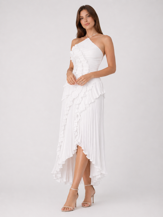 Imogen | Women Sleeveless Halter Backless Ruffled Maxi Summer Wedding-Guest Dress