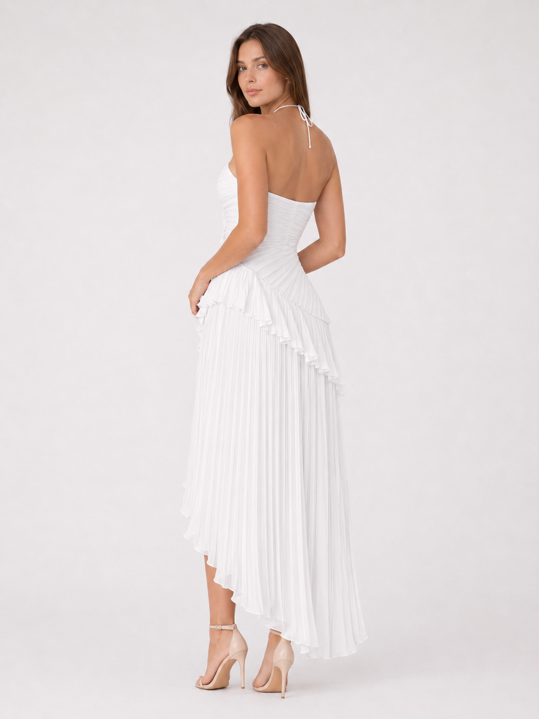Imogen | Women Sleeveless Halter Backless Ruffled Maxi Summer Wedding-Guest Dress