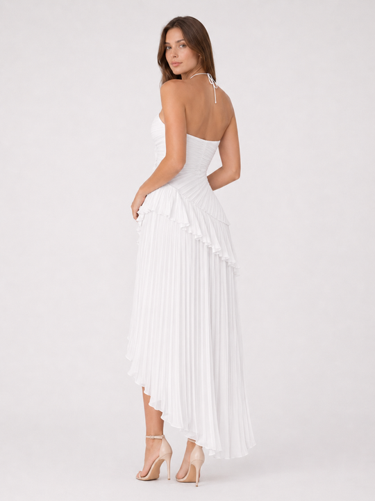 Imogen | Women Sleeveless Halter Backless Ruffled Maxi Summer Wedding-Guest Dress