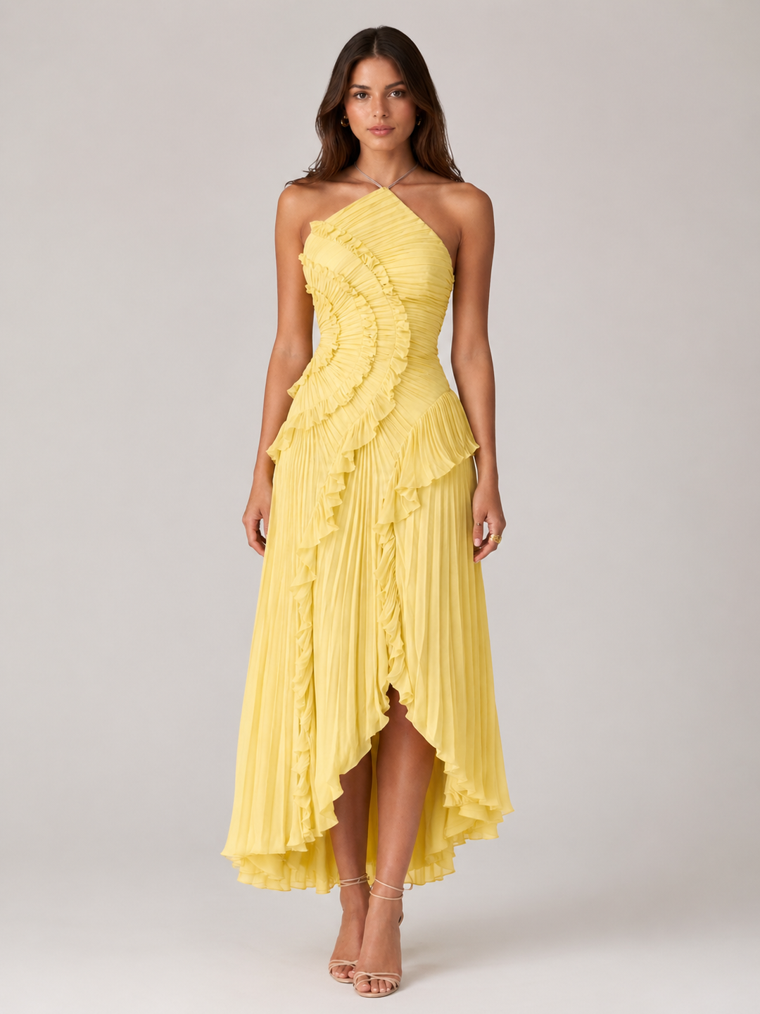 Imogen | Women Sleeveless Halter Backless Ruffled Maxi Summer Wedding-Guest Dress