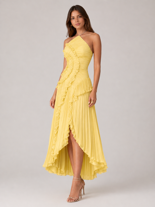 Imogen | Women Sleeveless Halter Backless Ruffled Maxi Summer Wedding-Guest Dress