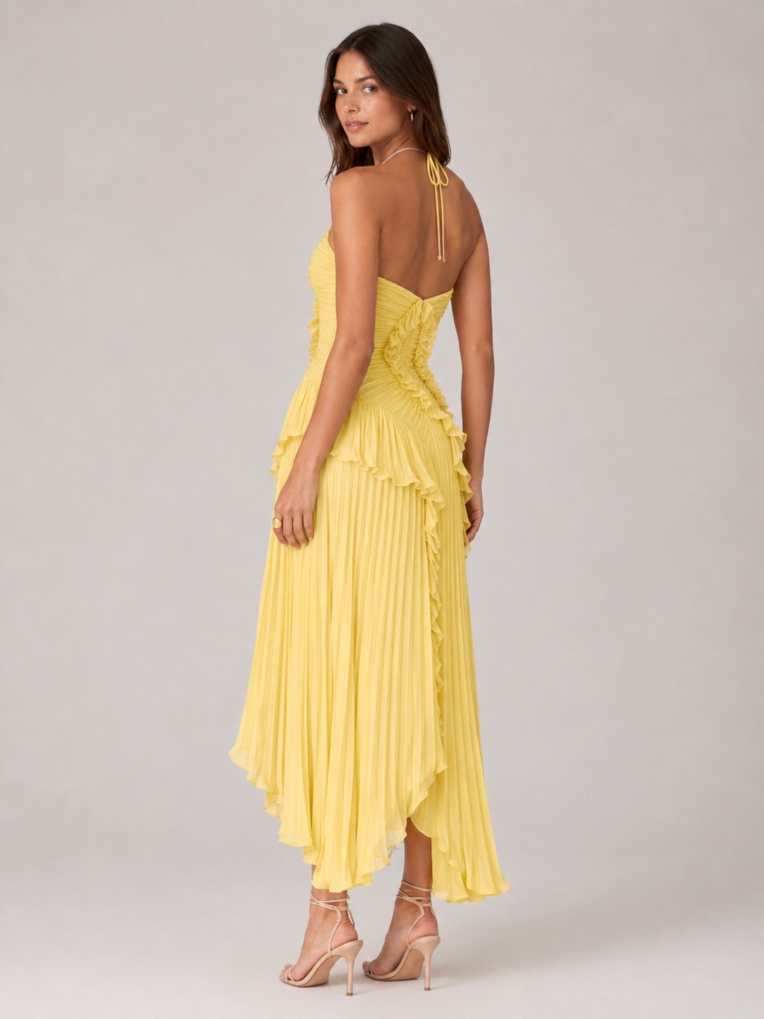 Imogen | Women Sleeveless Halter Backless Ruffled Maxi Summer Wedding-Guest Dress