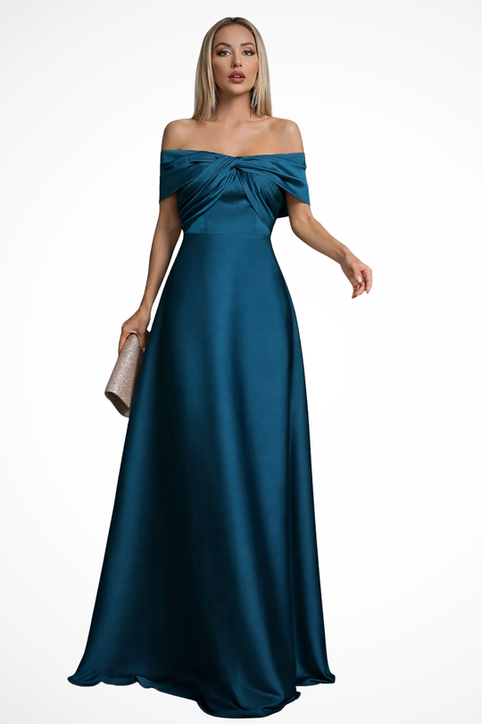 Women Off Shoulder Twisted Knot Pleated Satin Wedding-Guest Maxi Dress – Modern Everyday Look – Blue – XS