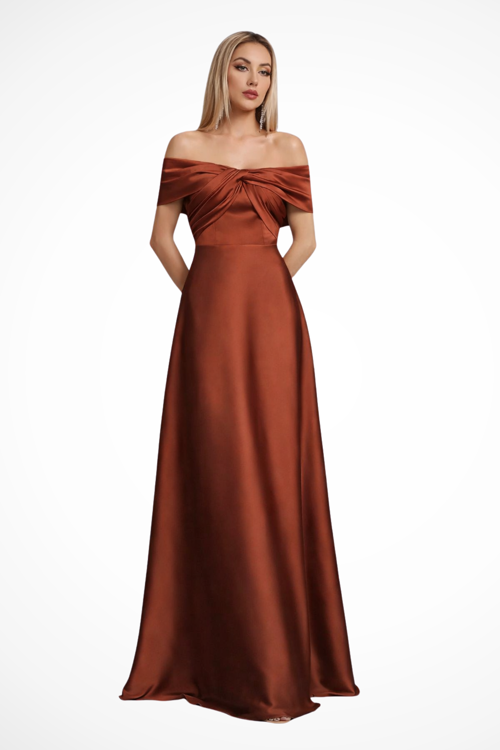 Women Off Shoulder Twisted Knot Pleated Satin Wedding-Guest Maxi Dress – Modern Everyday Look – Purple – XS