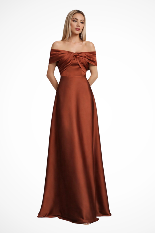 Women Off Shoulder Twisted Knot Pleated Satin Wedding-Guest Maxi Dress – Modern Everyday Look – Purple – XS