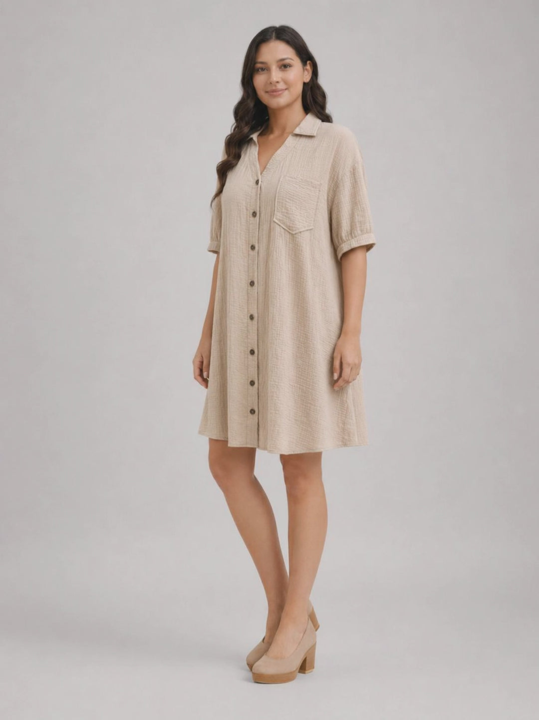 Rosalind | Women Short-Sleeve Button Up Shirt Midi Dress