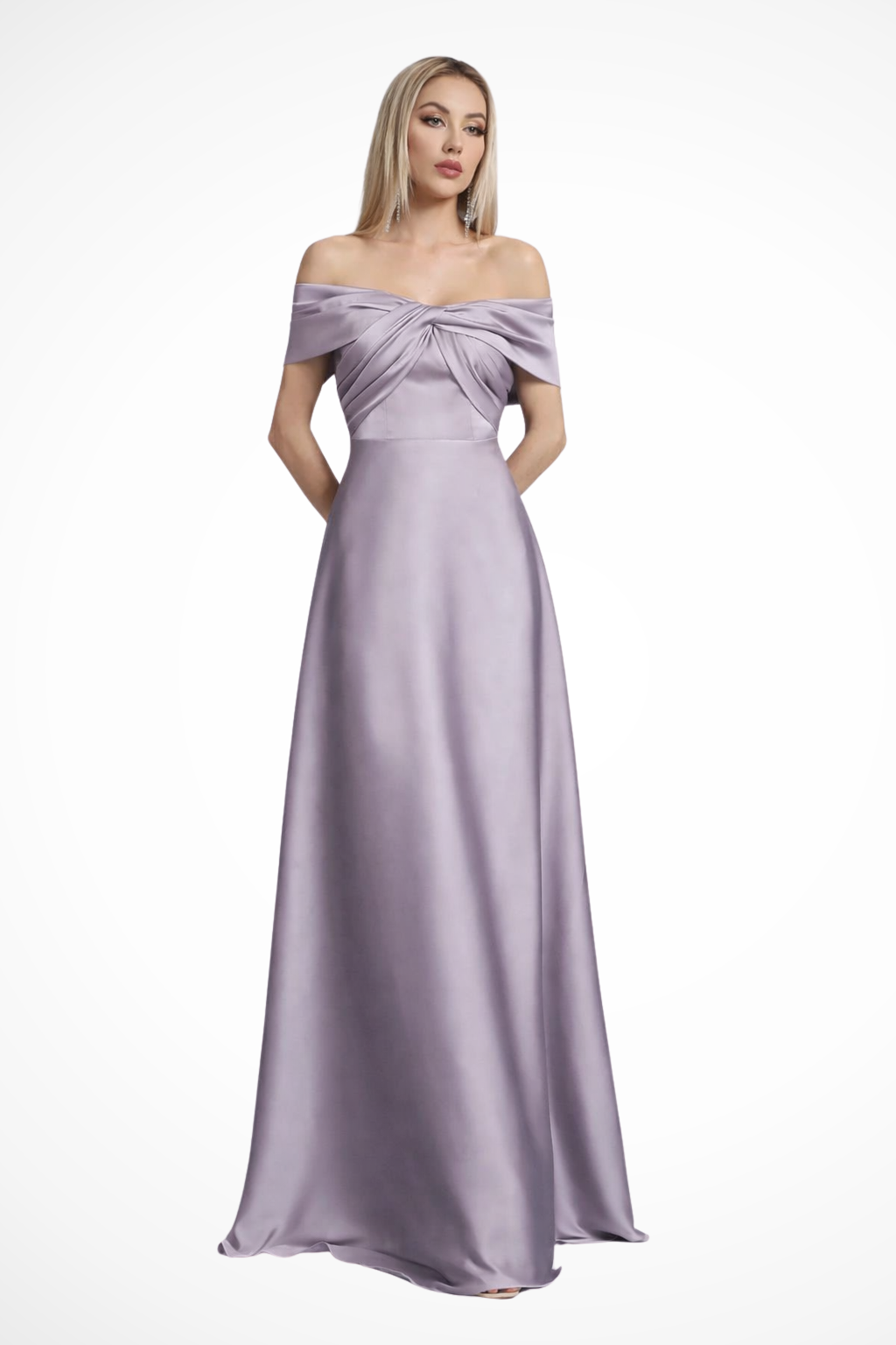 Women Off Shoulder Twisted Knot Pleated Satin Wedding-Guest Maxi Dress – Modern Everyday Look – Blue – M